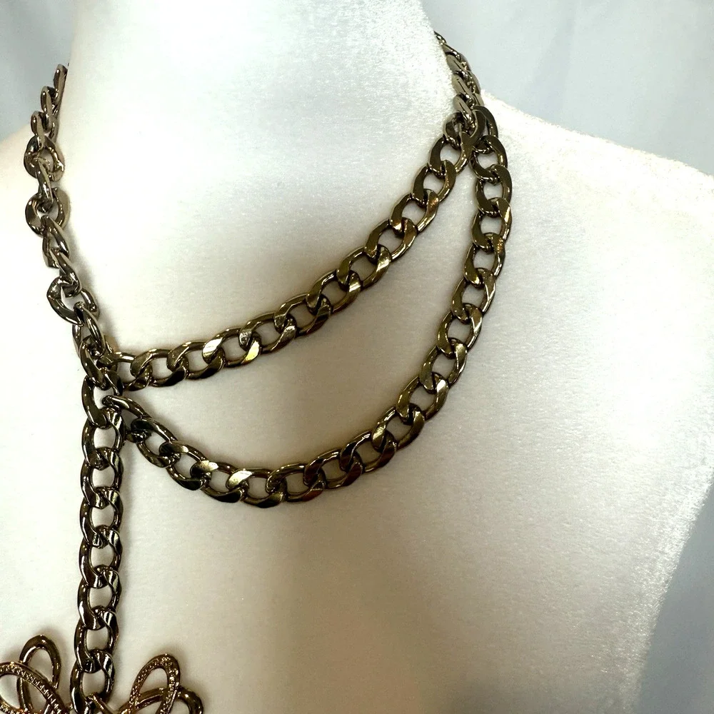 Vintage SHB Shofel Bros Necklace Statement Gold Tone Double Chain Celtic Knot 19